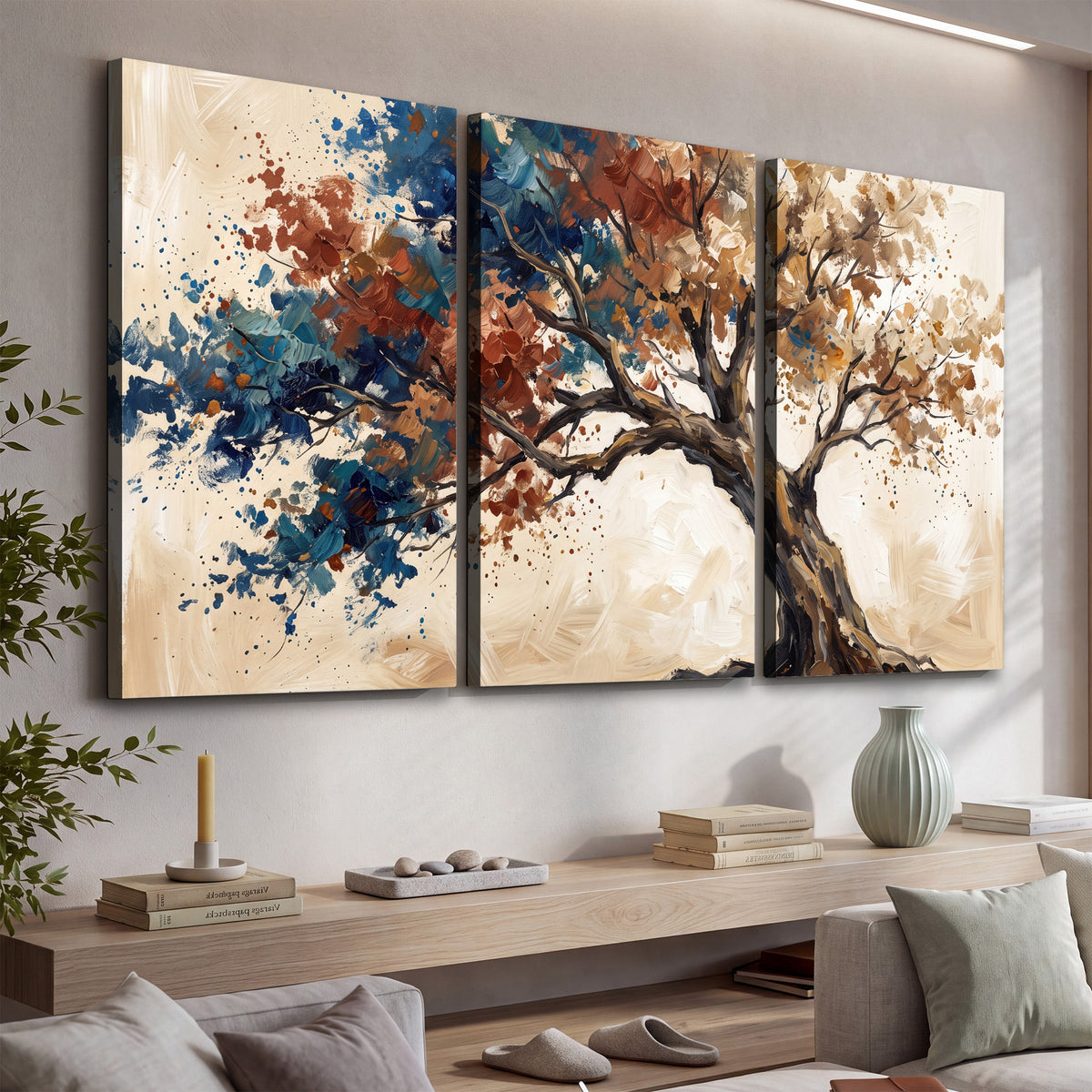 A broad tree with rust, blue and ochre foliage against warm cream 3 piece canvas wall art displayed in a console