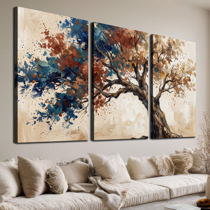 A broad tree with rust, blue and ochre foliage against warm cream 3 piece canvas wall art room and product view