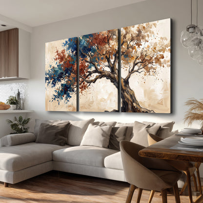A broad tree with rust, blue and ochre foliage against warm cream 3 piece canvas wall art room and product view