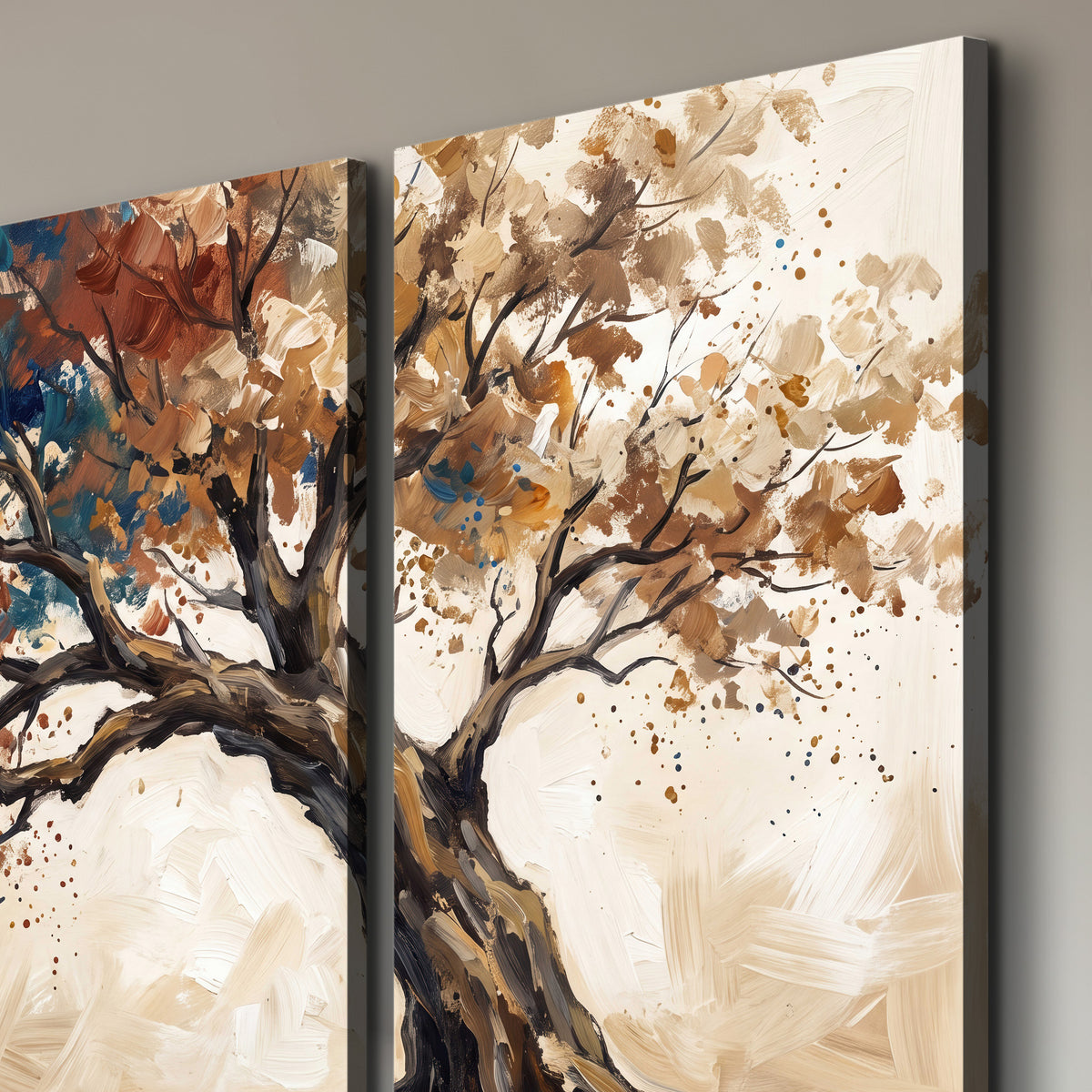 A broad tree with rust, blue and ochre foliage against warm cream 3 piece canvas wall art room and product view
