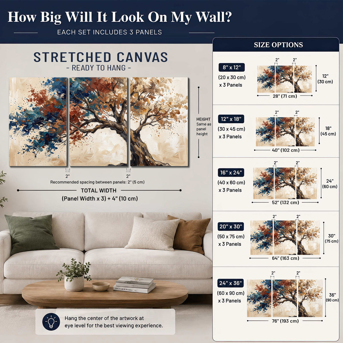 A broad tree with rust, blue and ochre foliage against warm cream 3 piece canvas wall art size guide above a sofa; room view is illustrative