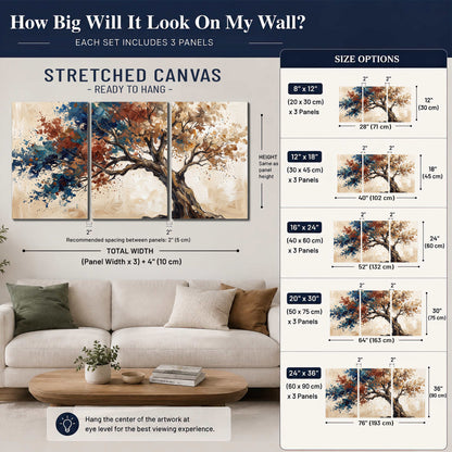 A broad tree with rust, blue and ochre foliage against warm cream 3 piece canvas wall art size guide above a sofa; room view is illustrative