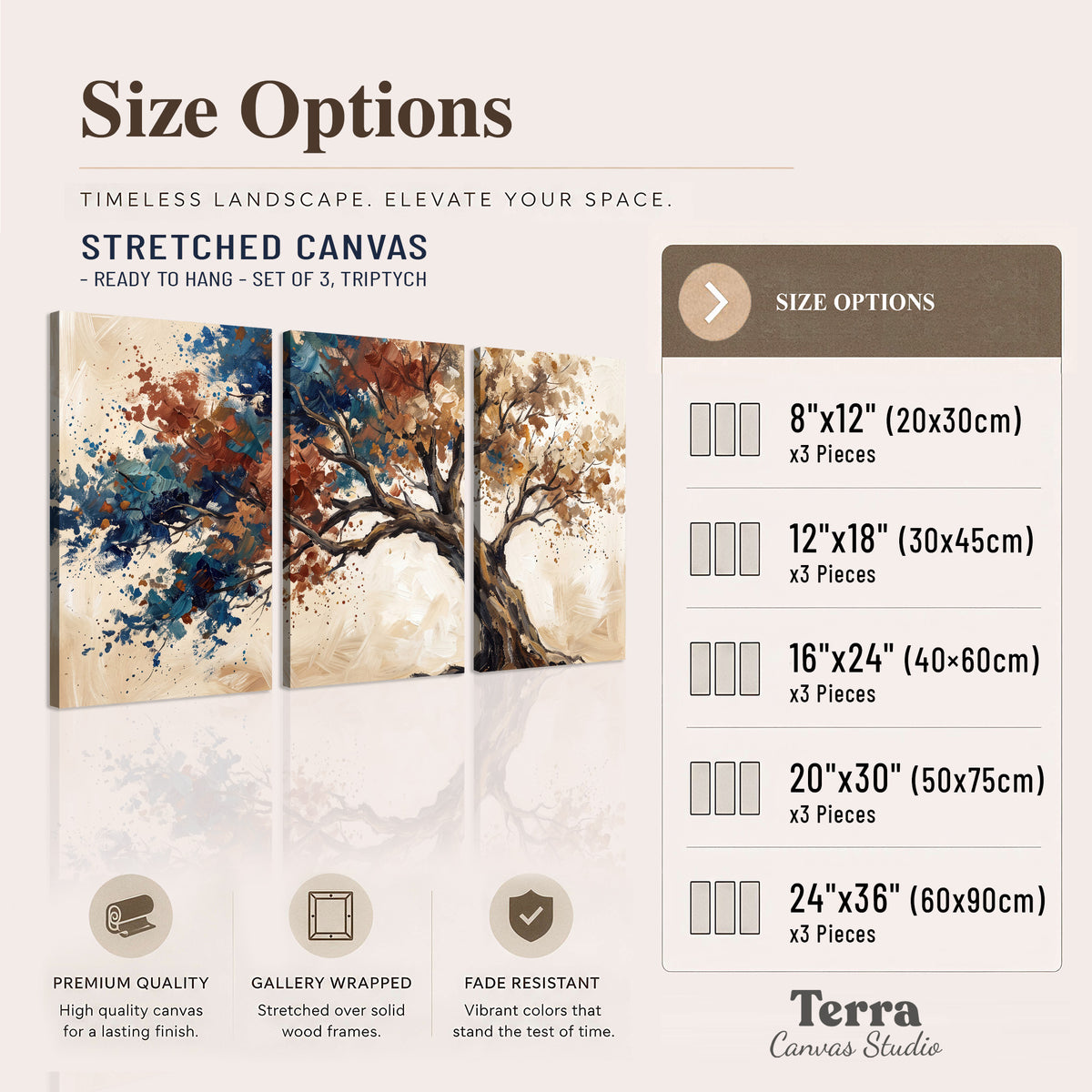 A broad tree with rust, blue and ochre foliage against warm cream 3 piece canvas wall art available dimensions; triptych dimensions are per panel