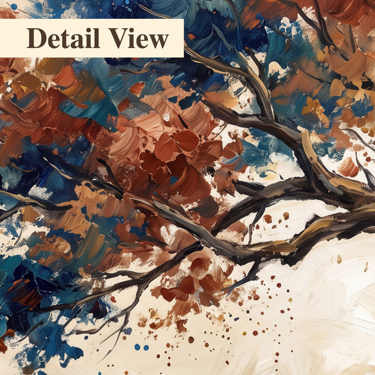 A broad tree with rust, blue and ochre foliage against warm cream 3 piece canvas wall art artwork detail close up