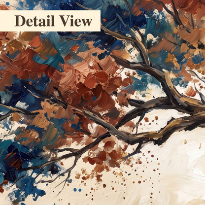A broad tree with rust, blue and ochre foliage against warm cream 3 piece canvas wall art artwork detail close up
