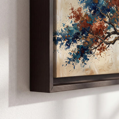 A broad tree with rust, blue and ochre foliage against warm cream 3 piece framed canvas wall art material and edge close up
