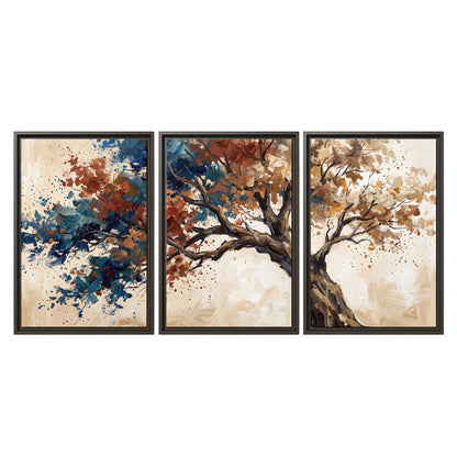 A broad tree with rust, blue and ochre foliage against warm cream 3 piece framed canvas wall art viewed straight on