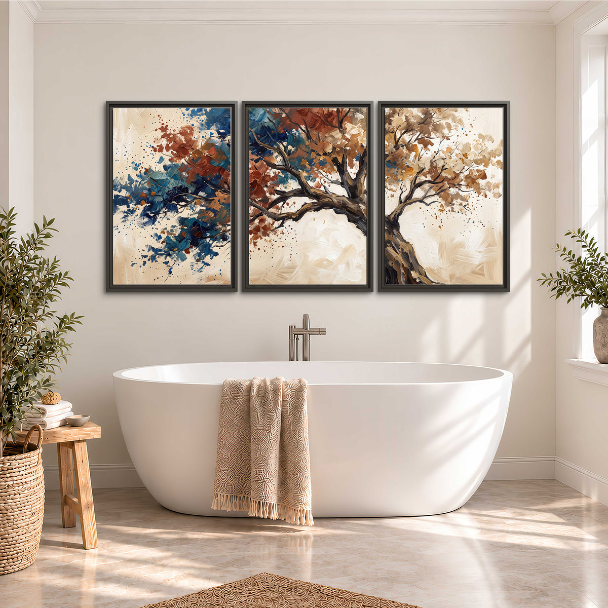 A broad tree with rust, blue and ochre foliage against warm cream 3 piece framed canvas wall art styled in an interior