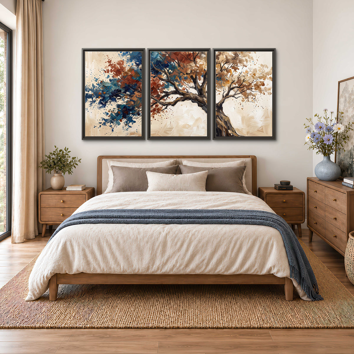 A broad tree with rust, blue and ochre foliage against warm cream 3 piece framed canvas wall art styled in an interior