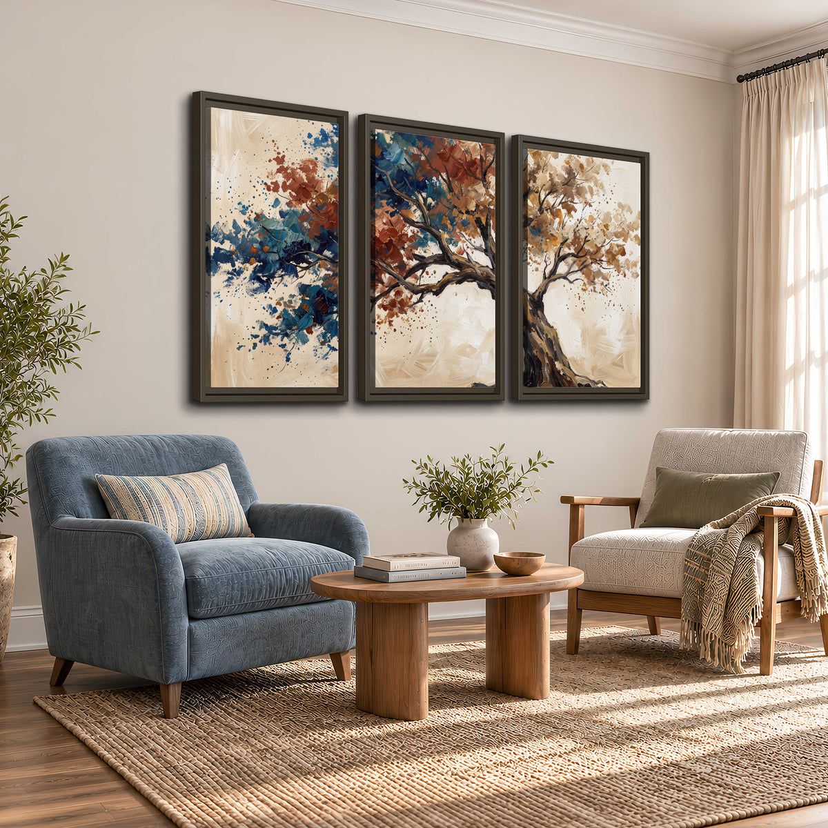 A broad tree with rust, blue and ochre foliage against warm cream 3 piece framed canvas wall art styled in an interior