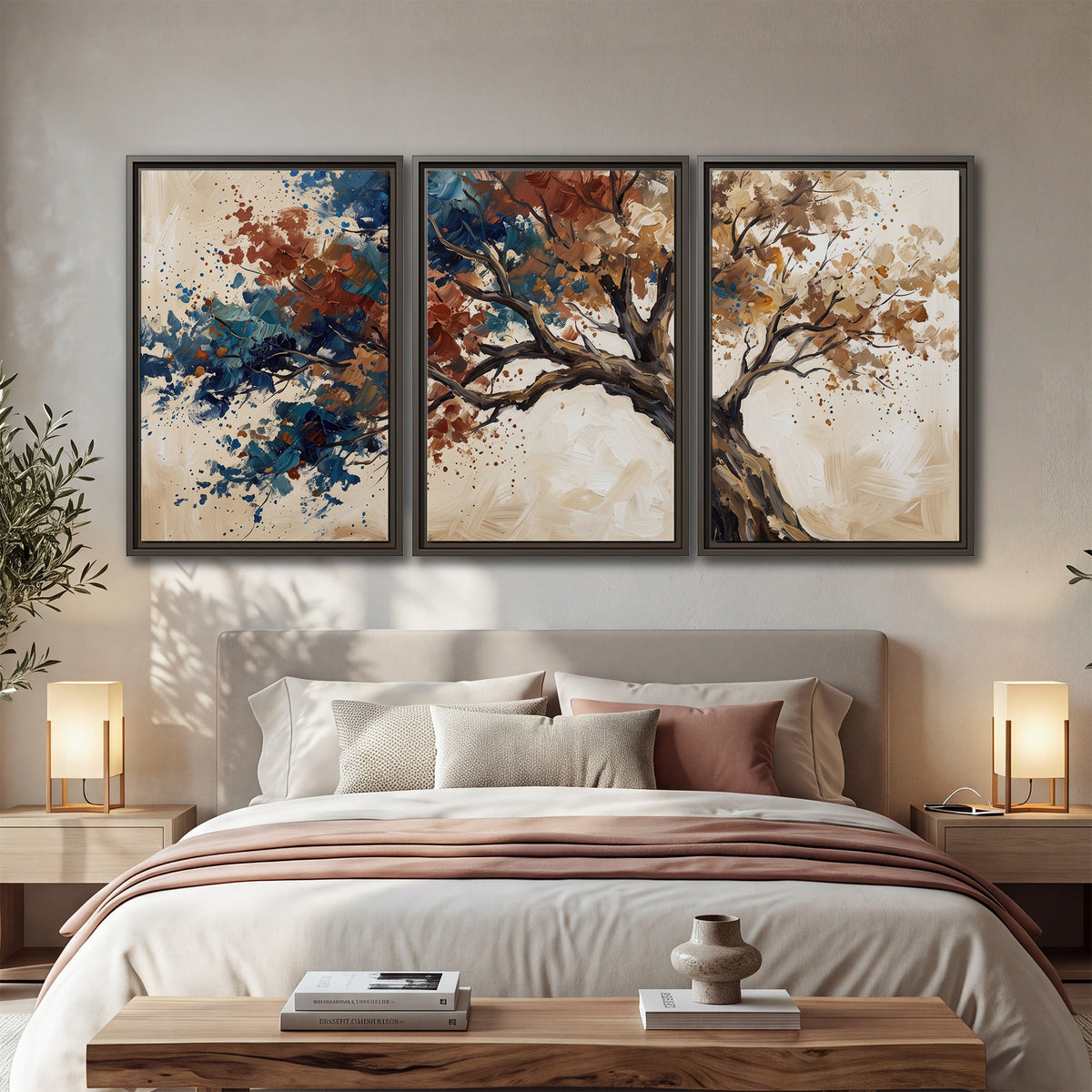 A broad tree with rust, blue and ochre foliage against warm cream 3 piece framed canvas wall art displayed in a bedroom