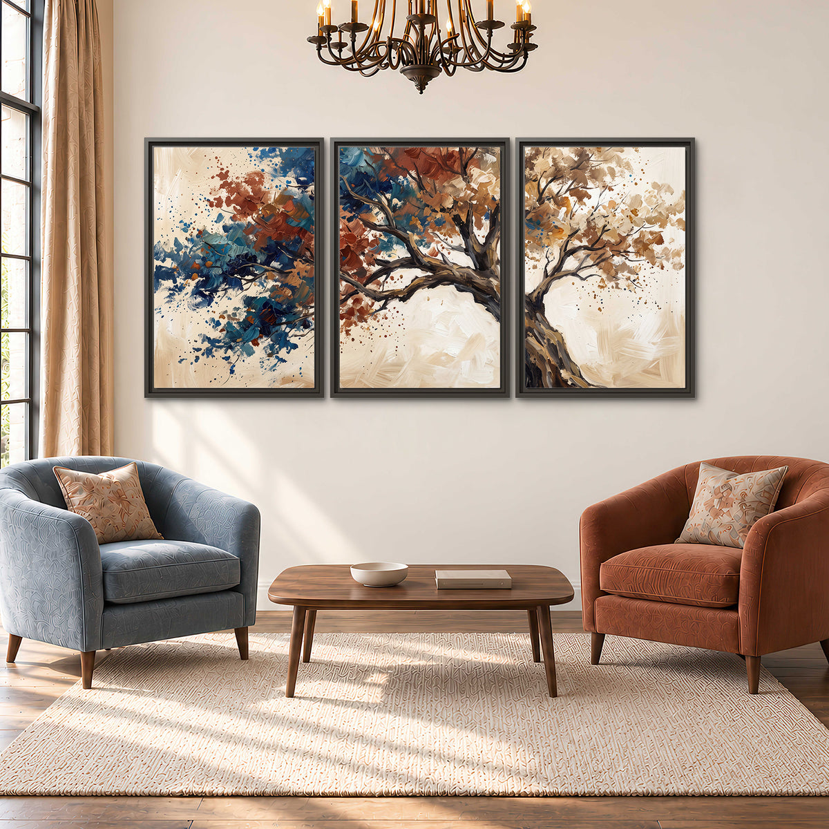 A broad tree with rust, blue and ochre foliage against warm cream 3 piece framed canvas wall art styled in an interior