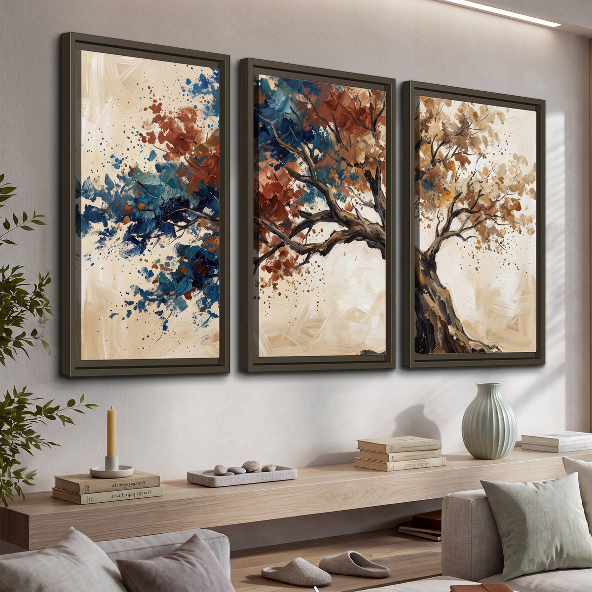 A broad tree with rust, blue and ochre foliage against warm cream 3 piece framed canvas wall art displayed in a console
