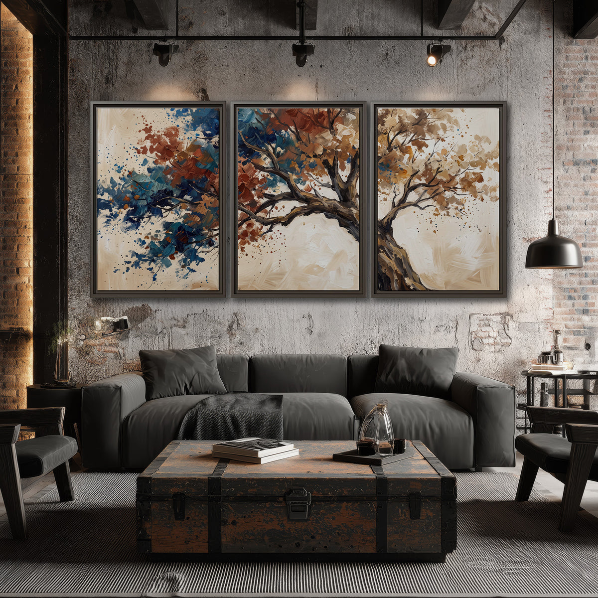 A broad tree with rust, blue and ochre foliage against warm cream 3 piece framed canvas wall art displayed in a industrial room