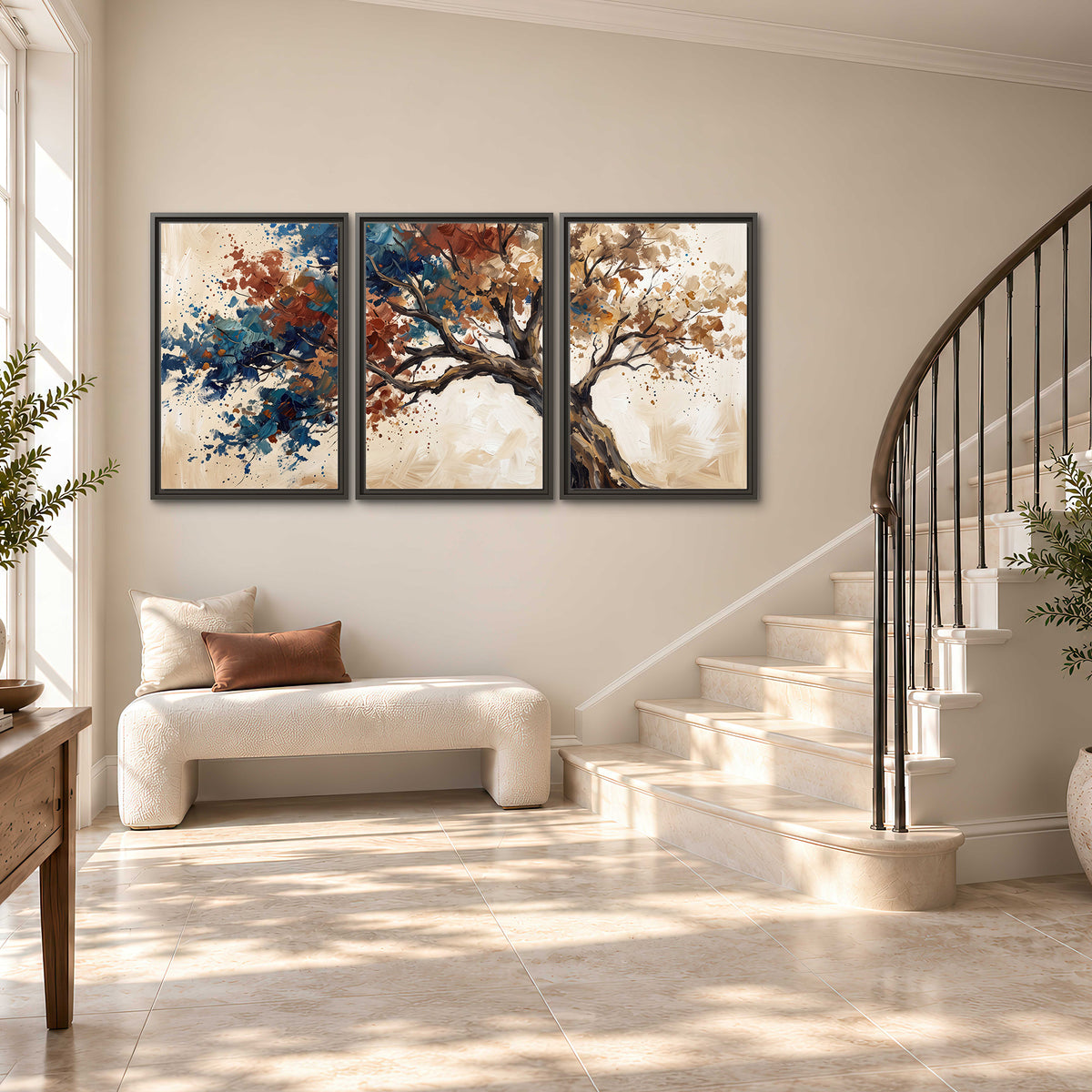 A broad tree with rust, blue and ochre foliage against warm cream 3 piece framed canvas wall art styled in an interior