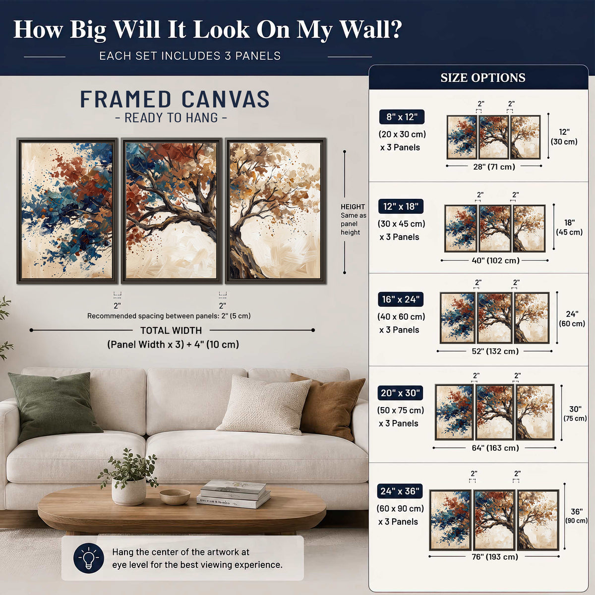 A broad tree with rust, blue and ochre foliage against warm cream 3 piece framed canvas wall art size guide above a sofa; room view is illustrative