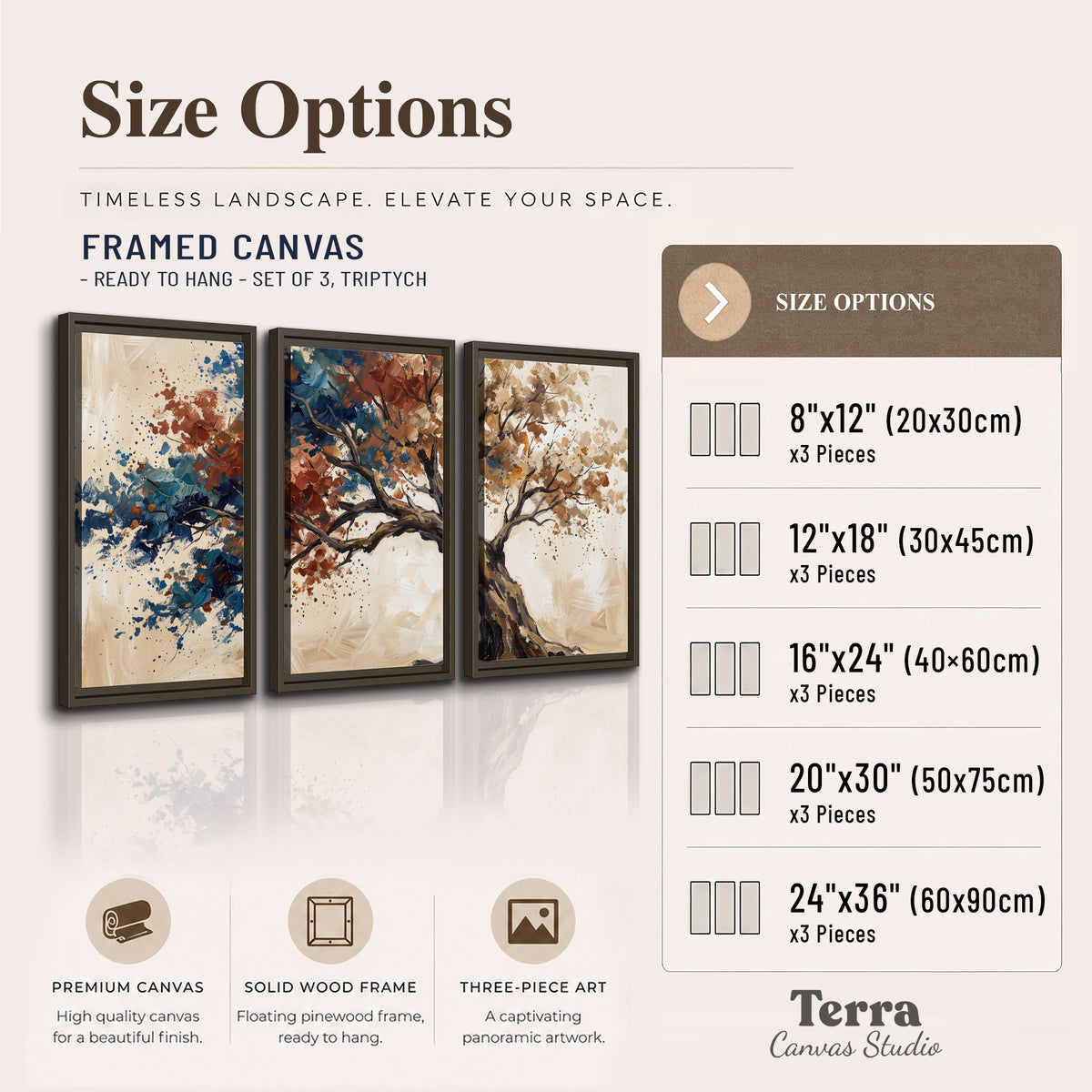 A broad tree with rust, blue and ochre foliage against warm cream 3 piece framed canvas wall art available dimensions; triptych dimensions are per panel