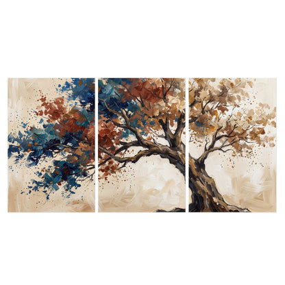 A broad tree with rust, blue and ochre foliage against warm cream set of 3 poster prints viewed straight on