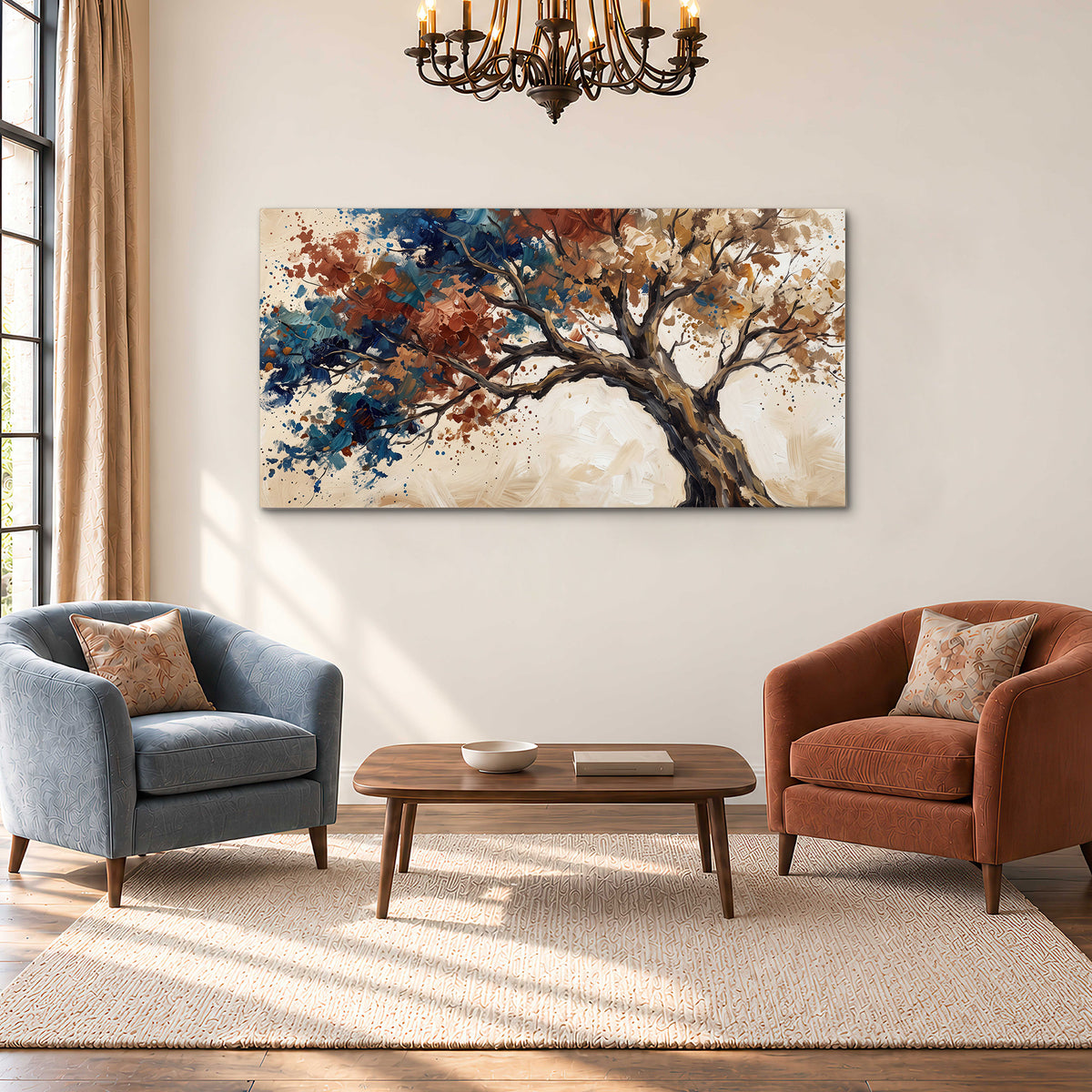 A broad tree with rust, blue and ochre foliage against warm cream single canvas wall art styled in an interior