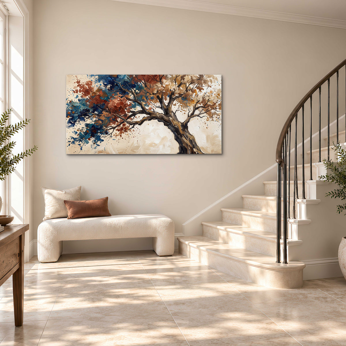 A broad tree with rust, blue and ochre foliage against warm cream single canvas wall art styled in an interior