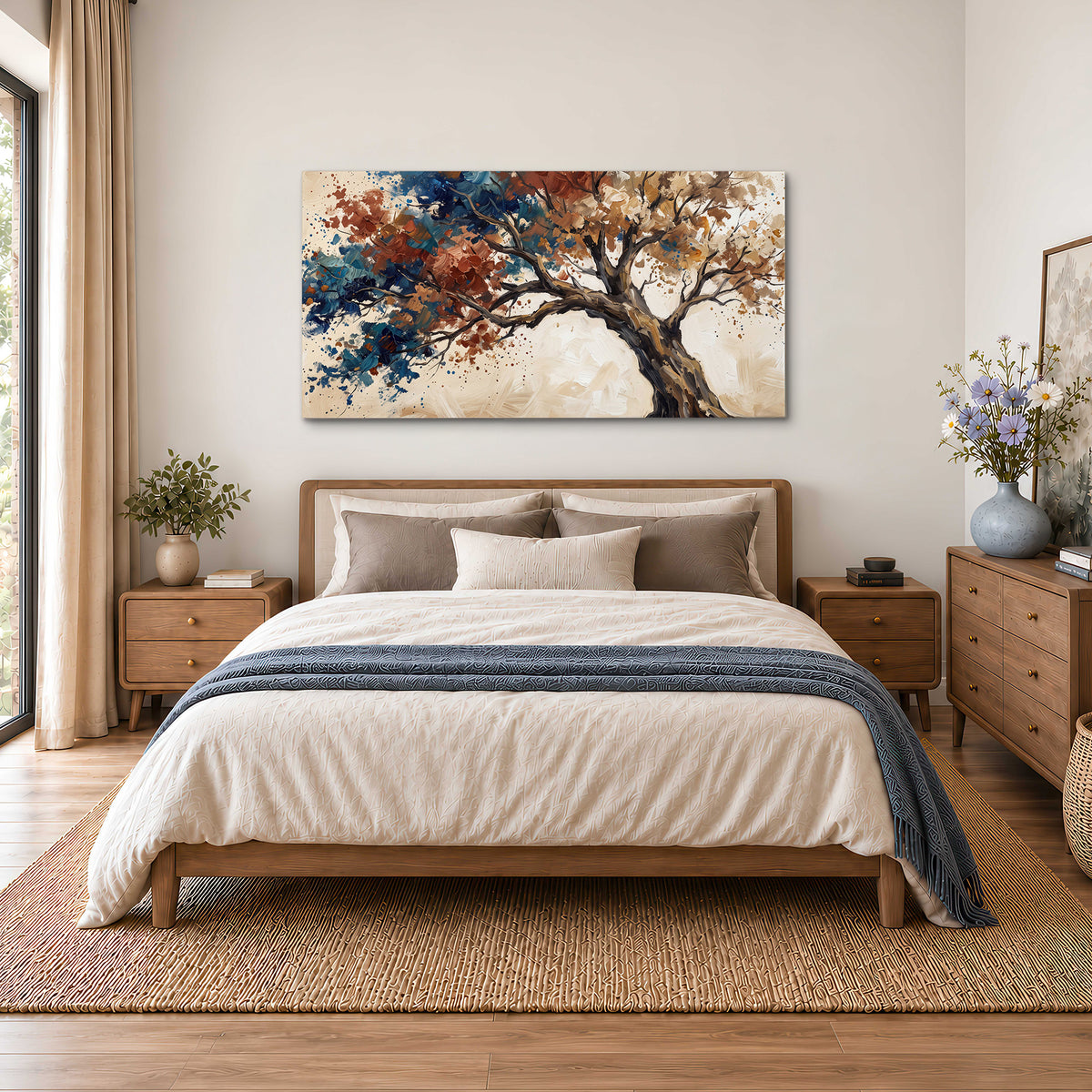 A broad tree with rust, blue and ochre foliage against warm cream single canvas wall art styled in an interior