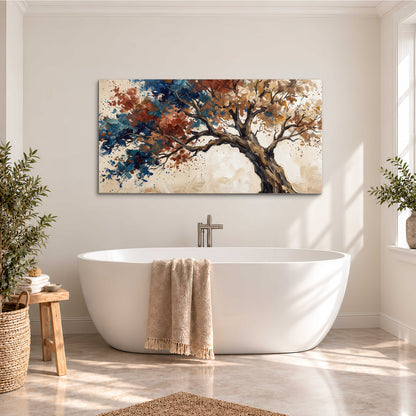 A broad tree with rust, blue and ochre foliage against warm cream single canvas wall art styled in an interior
