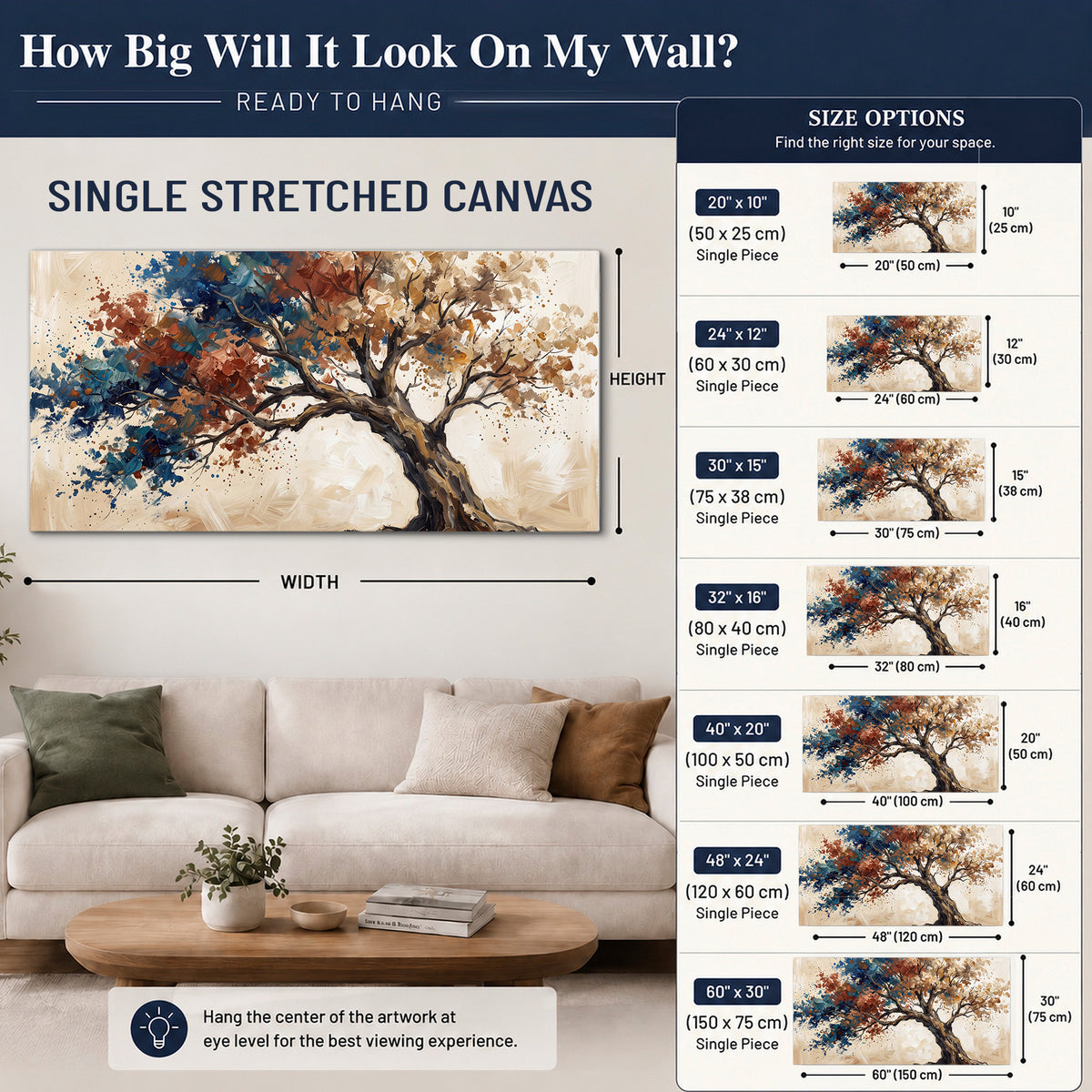A broad tree with rust, blue and ochre foliage against warm cream single canvas wall art size guide above a sofa; room view is illustrative