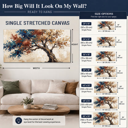 A broad tree with rust, blue and ochre foliage against warm cream single canvas wall art size guide above a sofa; room view is illustrative