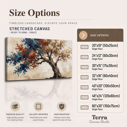 A broad tree with rust, blue and ochre foliage against warm cream single canvas wall art available dimensions