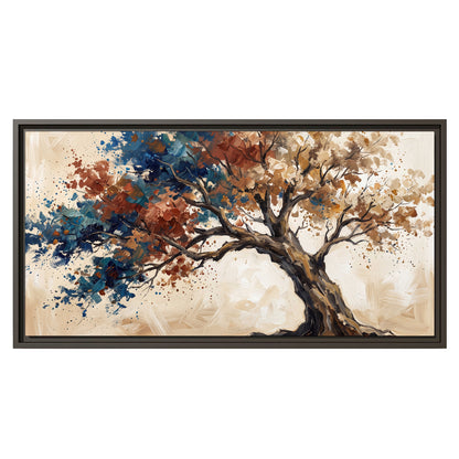 A broad tree with rust, blue and ochre foliage against warm cream single framed canvas wall art viewed straight on