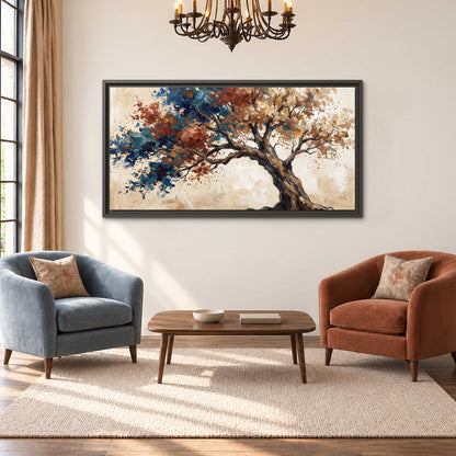 A broad tree with rust, blue and ochre foliage against warm cream single framed canvas wall art styled in an interior