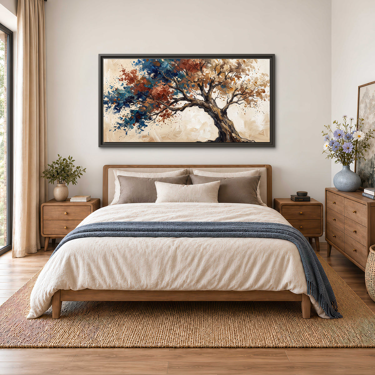 A broad tree with rust, blue and ochre foliage against warm cream single framed canvas wall art styled in an interior