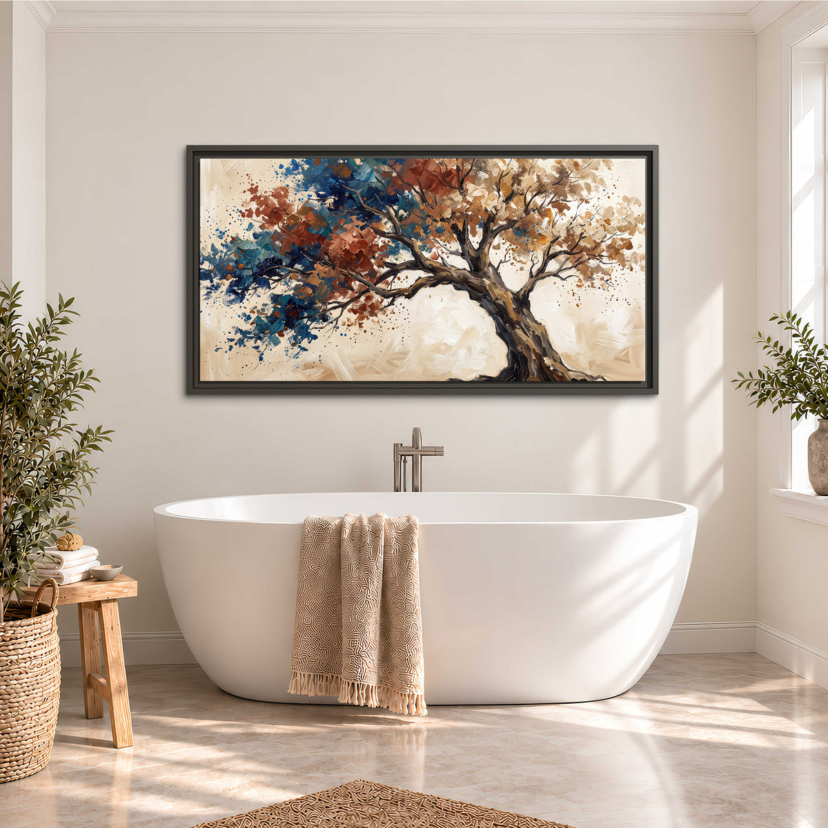 A broad tree with rust, blue and ochre foliage against warm cream single framed canvas wall art styled in an interior