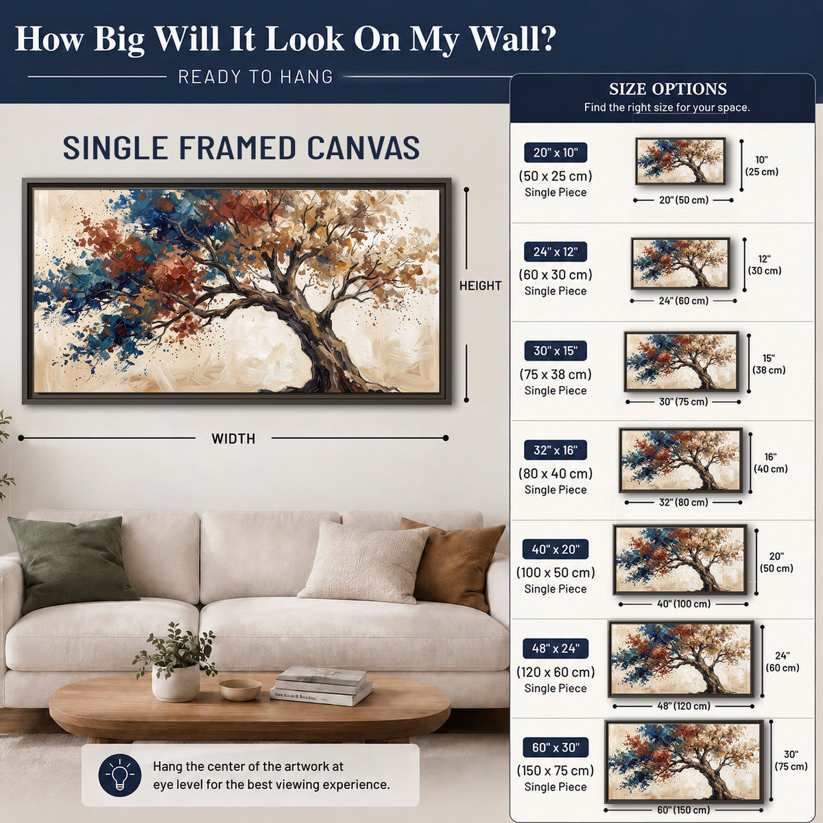 A broad tree with rust, blue and ochre foliage against warm cream single framed canvas wall art size guide above a sofa; room view is illustrative