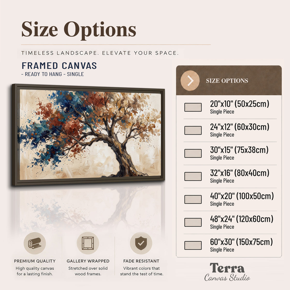 A broad tree with rust, blue and ochre foliage against warm cream single framed canvas wall art available dimensions