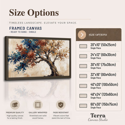 A broad tree with rust, blue and ochre foliage against warm cream single framed canvas wall art available dimensions