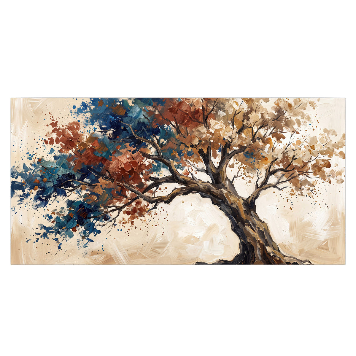 A broad tree with rust, blue and ochre foliage against warm cream single poster print viewed straight on