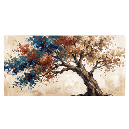 A broad tree with rust, blue and ochre foliage against warm cream single poster print viewed straight on