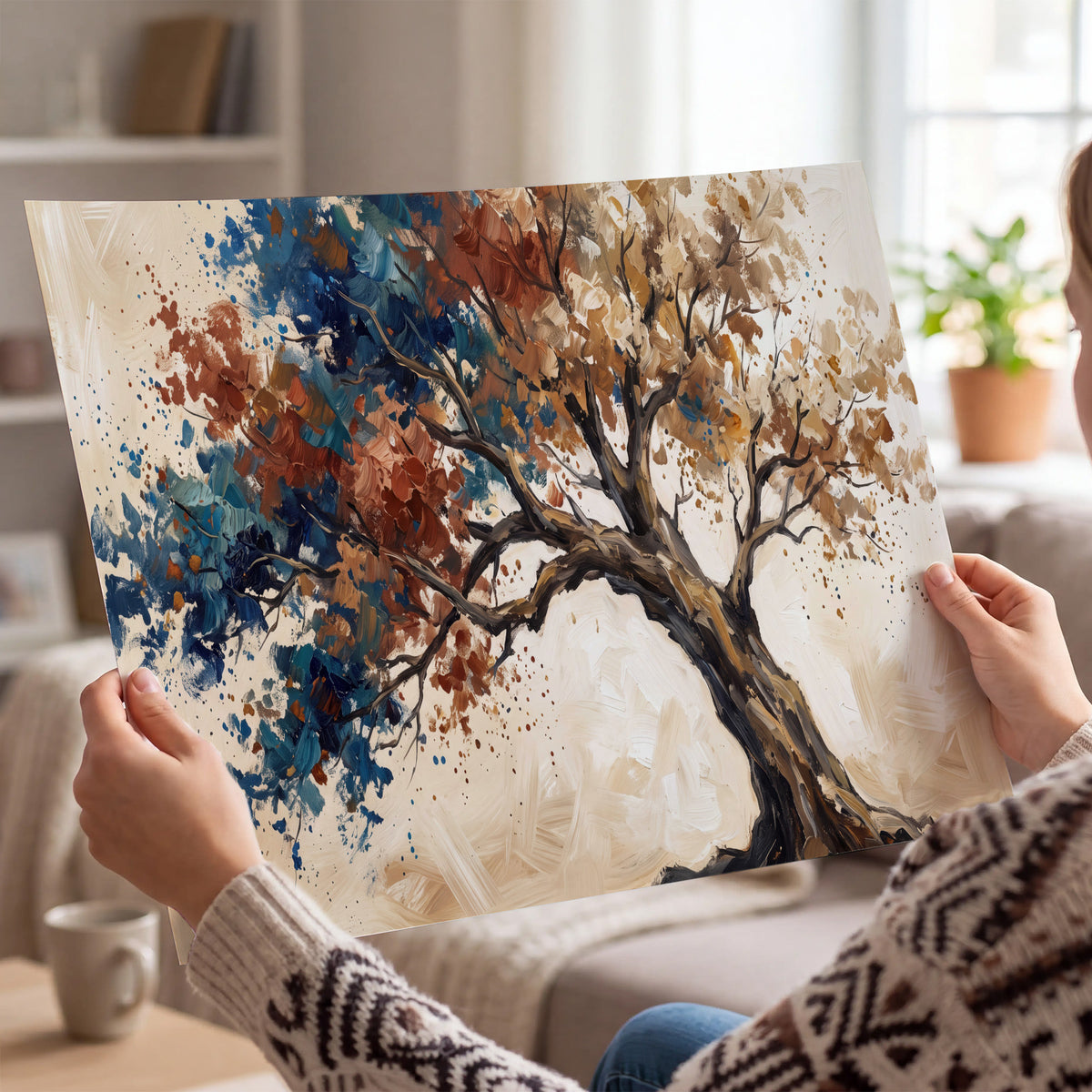 A broad tree with rust, blue and ochre foliage against warm cream single poster print held in hands