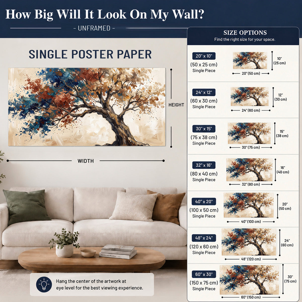 A broad tree with rust, blue and ochre foliage against warm cream single poster print size guide above a sofa; room view is illustrative