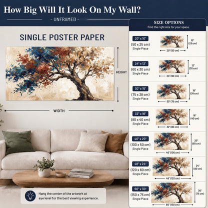 A broad tree with rust, blue and ochre foliage against warm cream single poster print size guide above a sofa; room view is illustrative