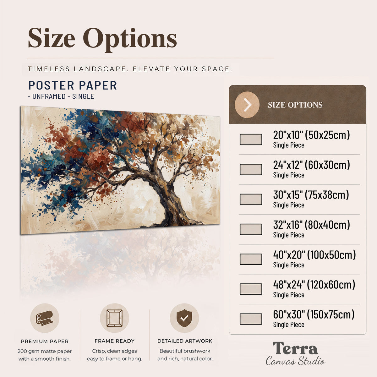 A broad tree with rust, blue and ochre foliage against warm cream single poster print available dimensions