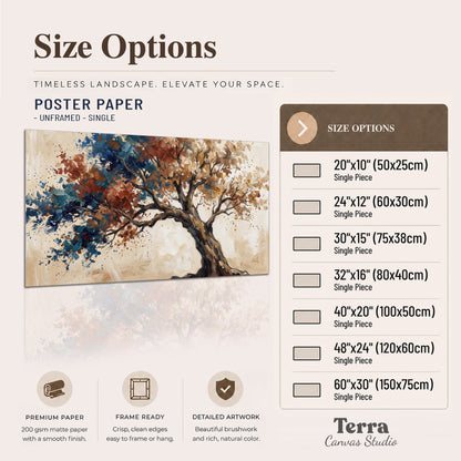 A broad tree with rust, blue and ochre foliage against warm cream single poster print available dimensions