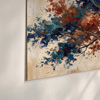 A broad tree with rust, blue and ochre foliage against warm cream set of 3 poster prints material and edge close up