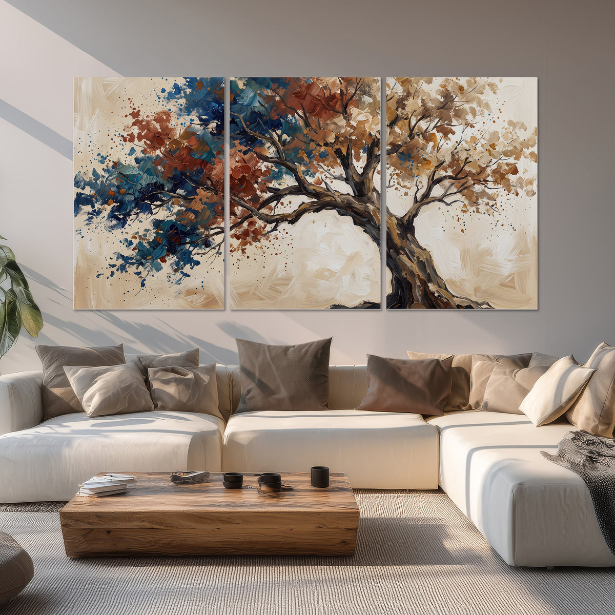 A broad tree with rust, blue and ochre foliage against warm cream set of 3 poster prints displayed in a living room