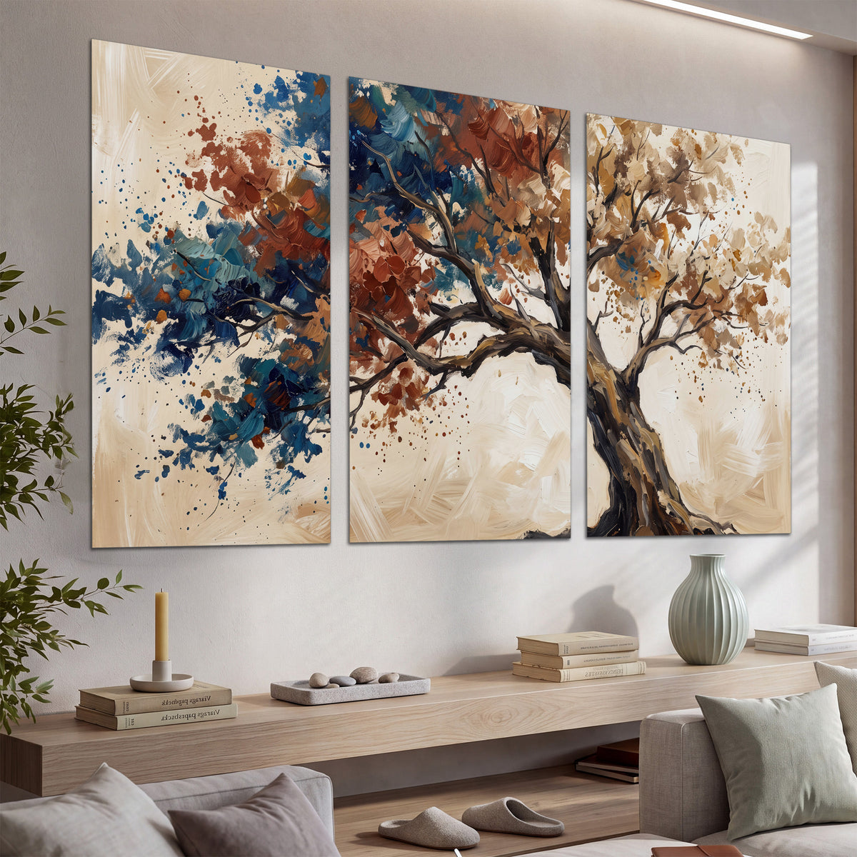 A broad tree with rust, blue and ochre foliage against warm cream set of 3 poster prints displayed in a console