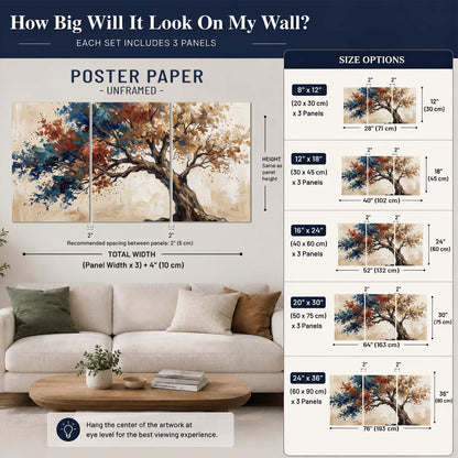 A broad tree with rust, blue and ochre foliage against warm cream set of 3 poster prints size guide above a sofa; room view is illustrative