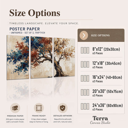 A broad tree with rust, blue and ochre foliage against warm cream set of 3 poster prints available dimensions; triptych dimensions are per panel