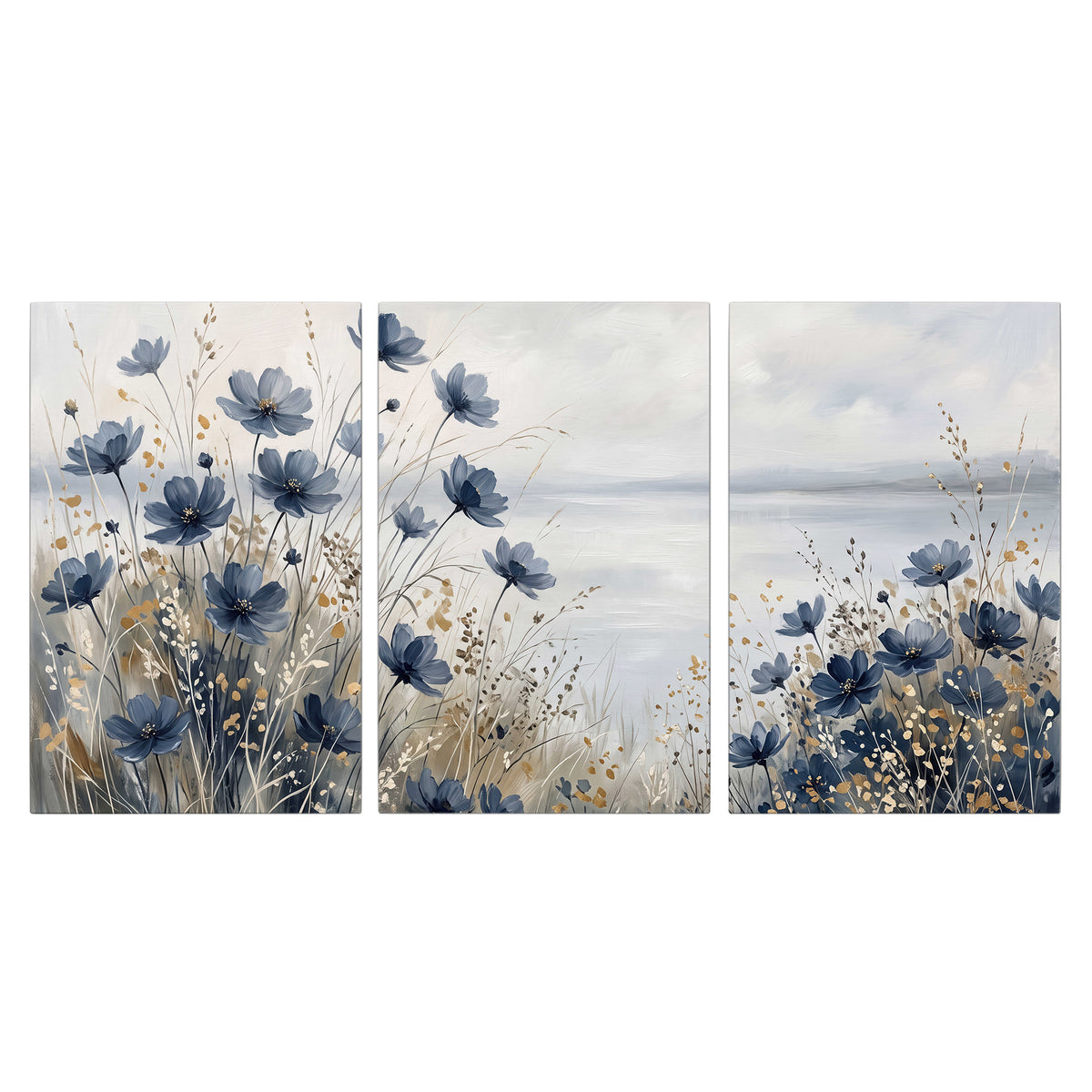Soft blue flowers and ivory grasses beside a pale coastal horizon 3 piece canvas wall art viewed straight on