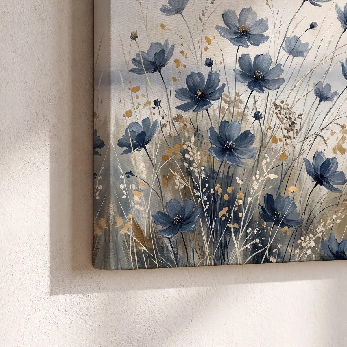 Soft blue flowers and ivory grasses beside a pale coastal horizon 3 piece canvas wall art material and edge close up